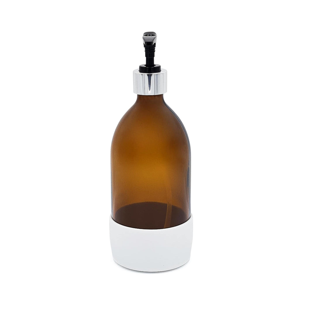 Amber Glass Pump Dispenser with White Silicone sleeve - 500ml